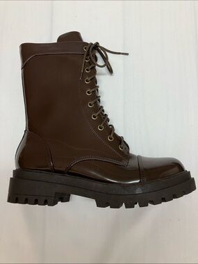 IDIFU Women's Brown Gloss Combat Boot with Lug Sole